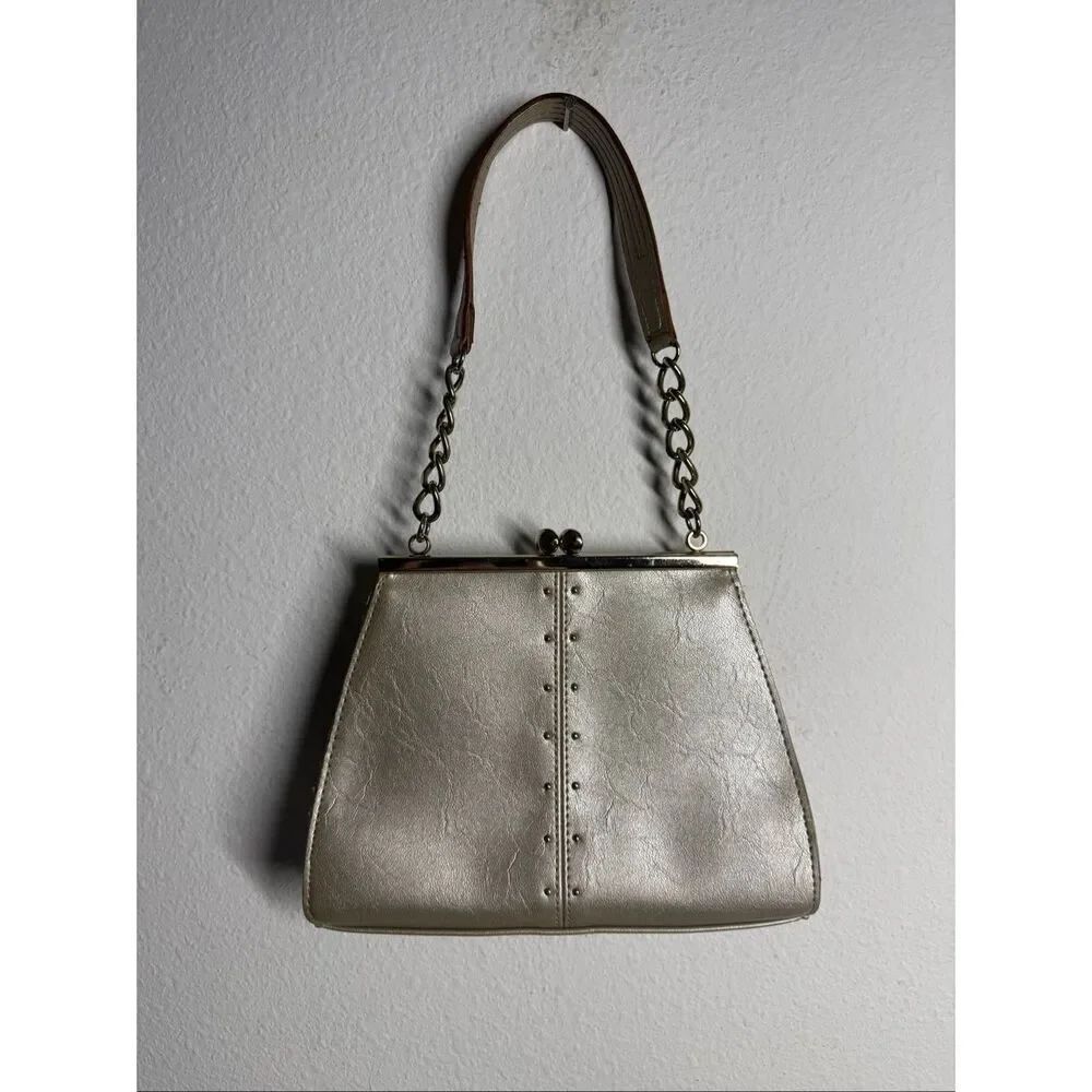 Rare Vtg Liz Claiborne Metallic Rose Gold Clutch Handbag Kiss Clasp Retro Night
